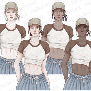 May include: Three women wearing white and brown baseball shirts with brown sleeves and blue pants. Each woman is wearing a beige baseball cap.