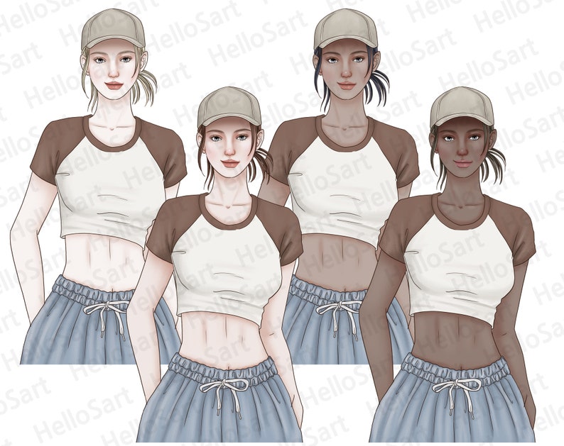 May include: Three women wearing white and brown baseball shirts with brown sleeves and blue pants. Each woman is wearing a beige baseball cap.