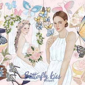 Mariposa clipart floral clipart rosa clipArt flores clipArt chica clipart mujer moda clipart dibujado a mano niñas gráficos planner pegatinas