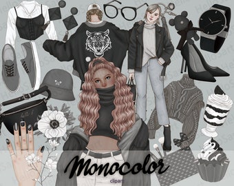 Monochrome Fashion Girl Clipart: Hand-Drawn Graphics (PNG)