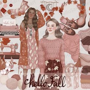 Hola Otoño Clipart Otoño ClipArt Acogedor ClipArt Chica Clipart Mujer Moda Clipart Dibujado a mano Chicas Planificador gráficos Pegatinas scrapbook