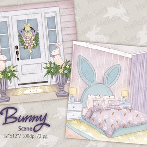 Może przedstawiać: Cyfrowa ilustracja przedstawiająca scenę sypialni w stylu króliczym. Sypialnia zawiera łóżko z jasnoniebieskim zagłówkiem w kształcie uszu króliczych, jasnoniebieską pościel z wzorem białego króliczka i marchewki oraz jasnofioletowy zasłonę. Sypialnia jest ozdobiona jasnoróżową i białą tapetą w paski. Tekst "Bunny Scene" jest napisany fioletowym kursywą.