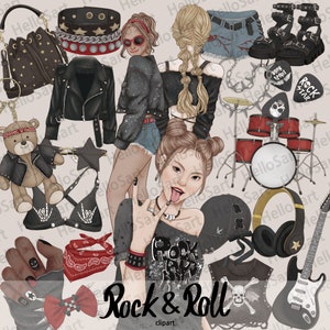 Rock and Roll clipart muziek clipart punk esthetische meisje clipart vrouw mode clipart hand getekende grafische planner stickers plakboekmateriaal