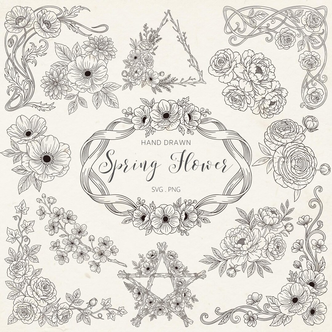 Hand-drawn Spring Flower Line Art Clipart | Botanical Floral Frames ...