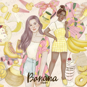Banane Clipart gelb Clipart Obst ClipArt ästhetische ClipArt Mädchen Clipart Frau Mode Clipart Mädchen von Hand gezeichnet Grafik Sticker