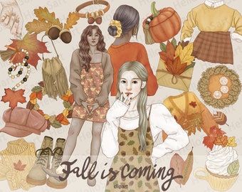 Herbst Clipart Bundle: Herbstblätter, Cozy Girl, Handgezeichnete Grafiken (PNG)
