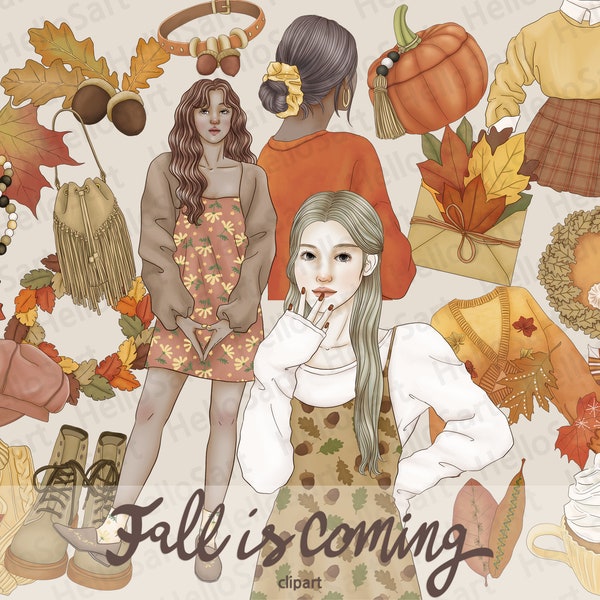 Fall Clipart Autumn Leaves Clipart Cozy aesthetic Girl Clipart Woman Fashion Clipart Hand Drawn Graphics Planner Stickers scrapbook material