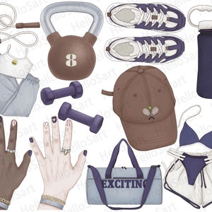 May include: A collection of sports-themed items including a blue and white duffel bag with the word "EXCITING" printed on it, a brown baseball cap with a tennis racket graphic, a blue water bottle with the word "SPORTS" printed on it, a pair of blue and white sneakers, a kettlebell, a pair of purple dumbbells, a jump rope, a white tank top with a smiley face, a pair of blue sweatpants, a white and blue bikini top and bottom, and two hands with manicures.