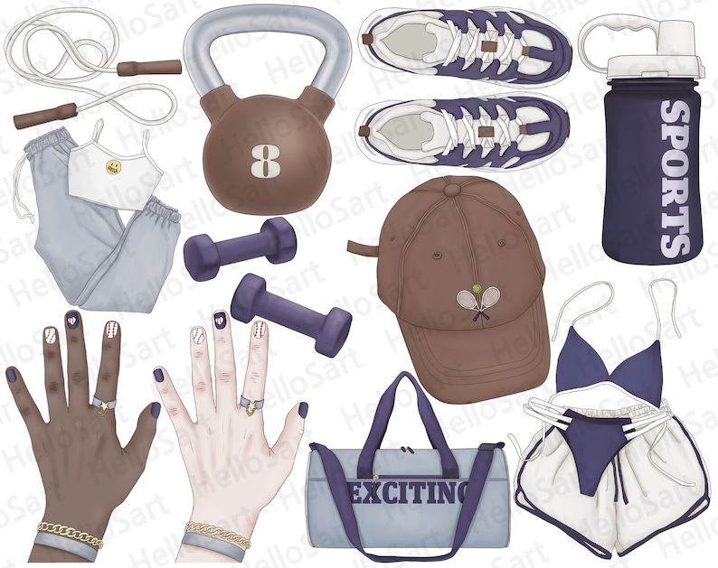 May include: A collection of sports-themed items including a blue and white duffel bag with the word "EXCITING" printed on it, a brown baseball cap with a tennis racket graphic, a blue water bottle with the word "SPORTS" printed on it, a pair of blue and white sneakers, a kettlebell, a pair of purple dumbbells, a jump rope, a white tank top with a smiley face, a pair of blue sweatpants, a white and blue bikini top and bottom, and two hands with manicures.