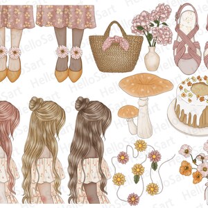 May include: A digital illustration set featuring three women with long hair, a basket, a mushroom, a cake, flowers, and sandals. The women are wearing floral dresses and have their hair pulled back in buns. The basket is woven and has a pink ribbon. The mushroom is orange and white. The cake is frosted and decorated with flowers. The flowers are pink, orange, and yellow. The sandals are pink and white.