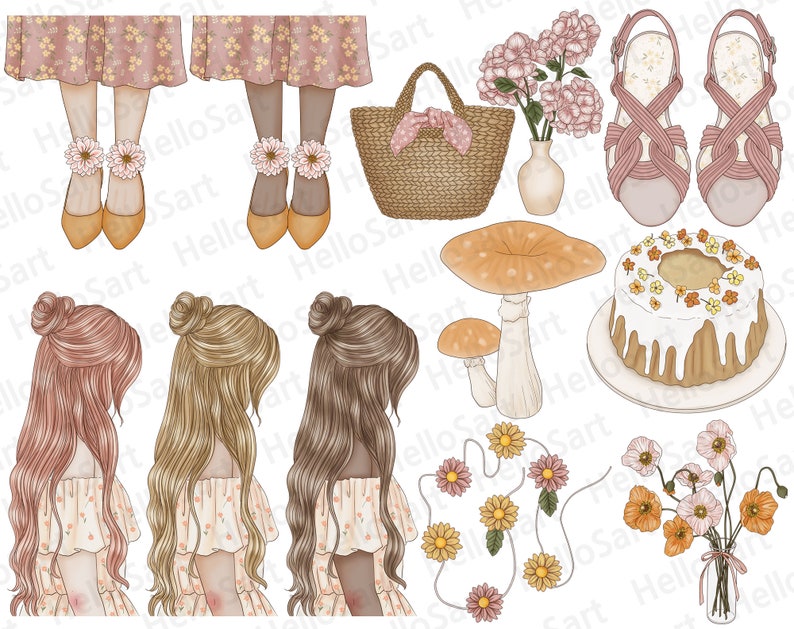 May include: A digital illustration set featuring three women with long hair, a basket, a mushroom, a cake, flowers, and sandals. The women are wearing floral dresses and have their hair pulled back in buns. The basket is woven and has a pink ribbon. The mushroom is orange and white. The cake is frosted and decorated with flowers. The flowers are pink, orange, and yellow. The sandals are pink and white.