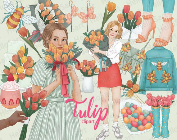 Tulip Clipart: Spring Fashion Girl Illustrations (PNG Digital Download)
