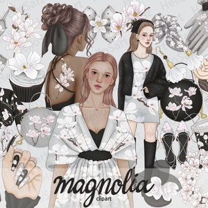 Magnolia Clipart Blumen ClipArt Feminine Clipart Frau Mode Clipart Handgezeichnet Mädchen Grafik Planer Sticker Scrapbook Material