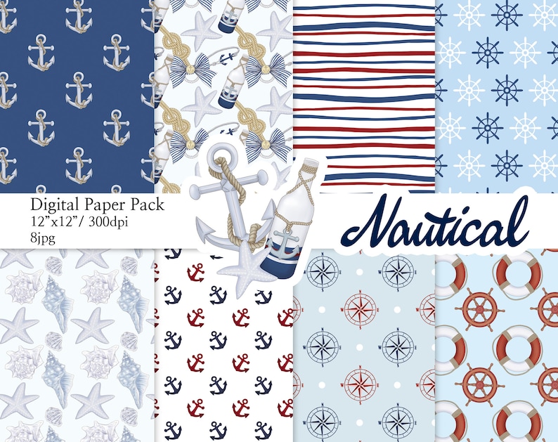 Nautical Papers Summer Pattern Sailing Pattern Planner Sticker Digital Paper scrapbook Pattern seamless patterns Hand Drawn Background Image image 1