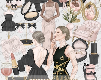 May include: An illustration featuring a collection of luxury items. Includes a black dress, a black hat with a pink bow, a pink armchair, a ring in a heart-shaped box, and a black clutch with a gold chain. The text "Luxury Muse" is visible.