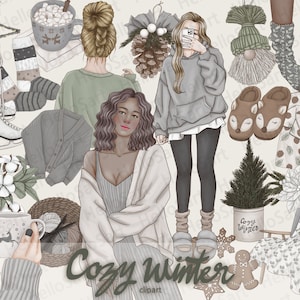 Aconchegante Inverno Clipart Inverno ClipArt Natal ClipArt Menina Clipart Mulher Moda Clipart Desenhado à mão Meninas Gráficos Planejador Adesivos scrapbook
