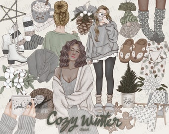 Cozy Winter Girls Clipart: Hand-Drawn Fashion Graphics (PNG)