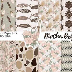 May include: A digital paper pack with 8 different patterns in a mocha and beige color scheme. The patterns include feathers, fish, flowers, bottles, stones, and geometric shapes. The text "Mocha Beige" is included in the image.