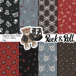 Rock and Roll Paper skull Pattern Music pattern Punk Planner Sticker Digital Paper scrapbook seamless pattern Hand Drawn Background Image