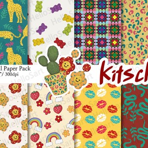 Kitsch Digital Paper: Colorful Patterns for Planner Stickers (12x12, 8 JPG)