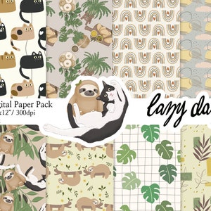 May include: Digital paper pack with 8 different patterns featuring sloths, cats, rainbows, and leaves. The text "lazy day" is featured on the pack.