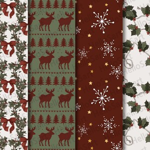 May include: Four seamless patterns featuring Christmas themes. The first pattern is a white background with red bows, green holly leaves, and white berries. The second pattern is a green background with red reindeer, red Christmas trees, and white snowflakes. The third pattern is a red background with white snowflakes and gold stars. The fourth pattern is a white background with green holly leaves and red berries.