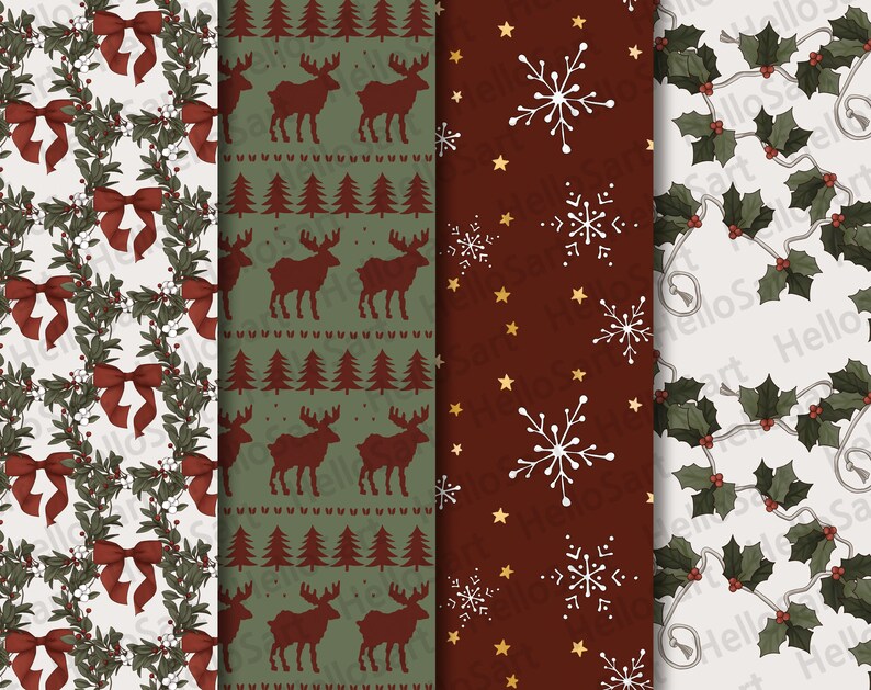 May include: Four seamless patterns featuring Christmas themes. The first pattern is a white background with red bows, green holly leaves, and white berries. The second pattern is a green background with red reindeer, red Christmas trees, and white snowflakes. The third pattern is a red background with white snowflakes and gold stars. The fourth pattern is a white background with green holly leaves and red berries.
