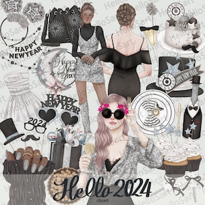Hello2024 Clipart Party Clipart Nouvel An esthétique Fille Clipart Femme Mode Clipart Dessiné à la main Digital Planner Autocollants matériel de scrapbook