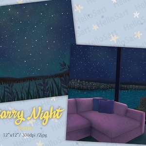 Cena noturna estrelada visão noturna cena skyline estética planejador gráfico adesivo scrapbook material imagem de fundo ilustração