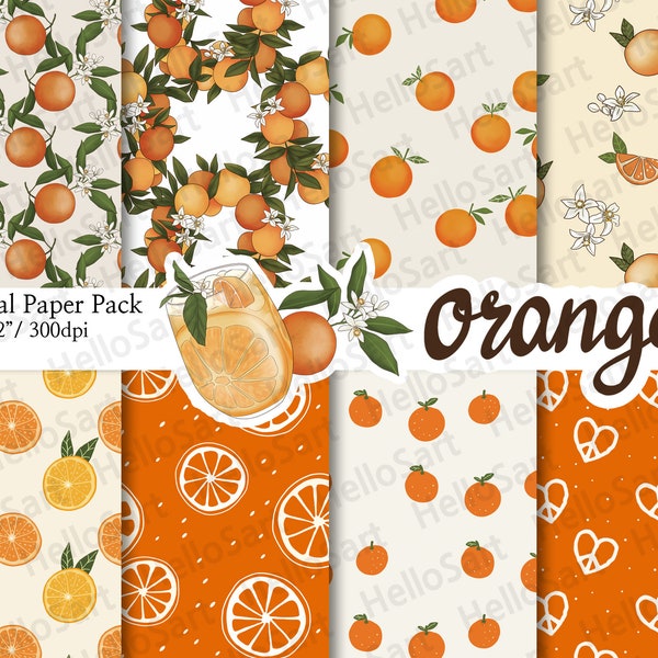 Orange Paper Citrus Pattern Tangerine Patterns Planner Sticker Digital Paper scrapbook seamless patterns Hand Drawn Background Image