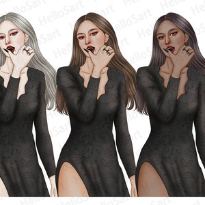 Clipart de Chica Vampiro: Gráficos de moda de Halloween espeluznantes (PNG) imagen 2