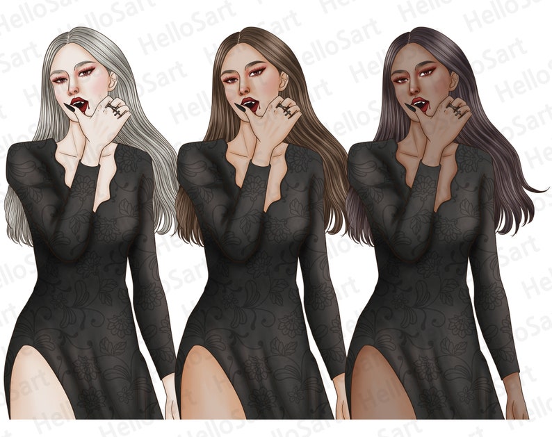 Clipart de Chica Vampiro: Gráficos de moda de Halloween espeluznantes (PNG) imagen 2