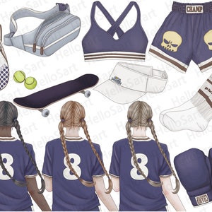 May include: Three girls wearing purple and white sports uniforms with the number 8 on the front. They are standing in front of a white background with various sports equipment, including a skateboard, a tennis racket, a tennis ball, a boxing glove, a sports bra, a fanny pack, a baseball cap, and socks.