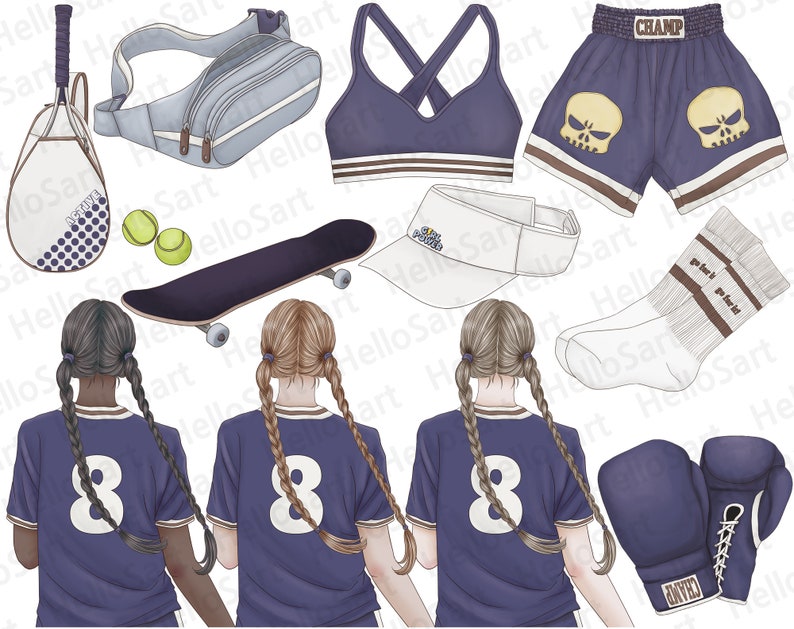 May include: Three girls wearing purple and white sports uniforms with the number 8 on the front. They are standing in front of a white background with various sports equipment, including a skateboard, a tennis racket, a tennis ball, a boxing glove, a sports bra, a fanny pack, a baseball cap, and socks.