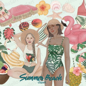 Summer Beach Clipart: Tropical Fashion Girls, Hand-Drawn Graphics (PNG)