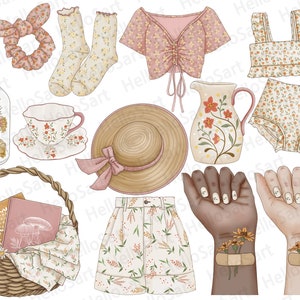 May include: A collection of summer-themed illustrations, including a floral patterned top, a straw hat, a floral patterned pitcher, a floral patterned cup and saucer, a floral patterned basket with a book inside, a pair of floral patterned socks, a floral patterned bikini top and bottom, and two hands with floral tattoos and bandages.