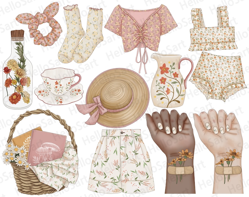 May include: A collection of summer-themed illustrations, including a floral patterned top, a straw hat, a floral patterned pitcher, a floral patterned cup and saucer, a floral patterned basket with a book inside, a pair of floral patterned socks, a floral patterned bikini top and bottom, and two hands with floral tattoos and bandages.