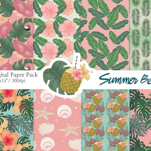 Tropical Beach Digital Paper: Summer Scrapbook Patterns (12x12, 8 JPG)