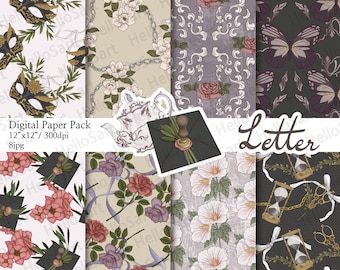 Letter Paper Classic Pattern Flower aesthetic Planner Sticker Digital Paper scrapbook seamless patterns Hand Drawn Background Image