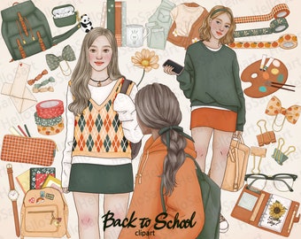 Hand-Drawn School Girls Clipart: Student Planner Graphics (PNG)