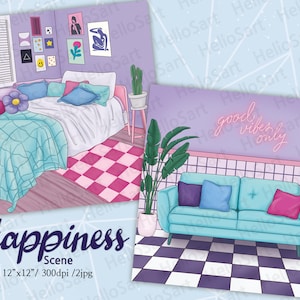 Geluk Scène Kamer Scène Retro Scène Kleurrijke Scène Planner Grafische planner sticker plakboek materiaal Achtergrond afbeeldingen illustratie