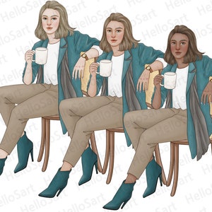 May include: Three women are sitting in chairs, each holding a cup of coffee. They are all wearing teal jackets and brown pants. The chairs are wooden with light brown seats.
