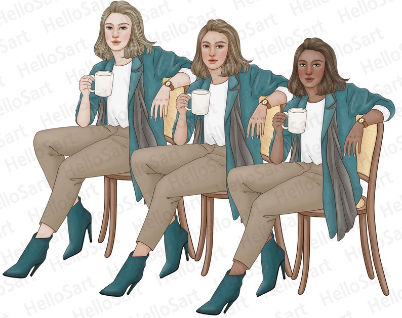 May include: Three women are sitting in chairs, each holding a cup of coffee. They are all wearing teal jackets and brown pants. The chairs are wooden with light brown seats.