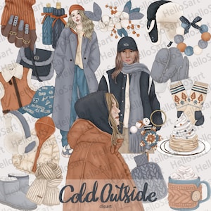 Cold Outside Clipart Winter Clipart Acogedora estética Chica Clipart Mujer Moda Clipart Dibujado a mano Planificador gráfico Pegatinas material de álbum de recortes