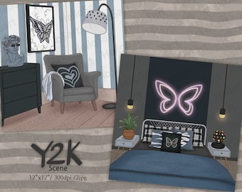 Y2K-scène donkere kamer, plannerstickers, plakboekachtergrond (digitale download)