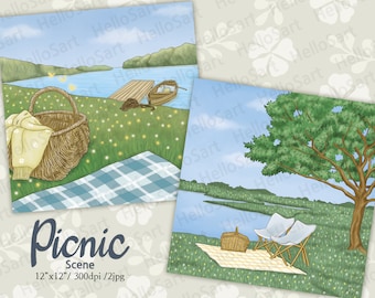 Picnic Scene landscape Scene Lake aesthetic Scene Planner Graphic planner sticker scrapbook material Background image illustration