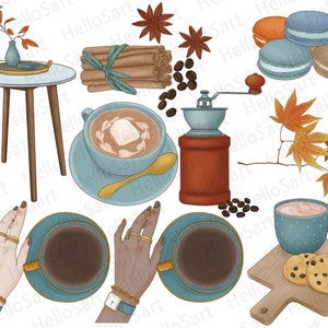 May include: A still life image featuring a variety of autumnal and coffee-themed items.  The image includes a wooden table with a brown and white ceramic vase with a single branch of fall leaves, a blue and white coffee cup with a marshmallow, a blue and white coffee cup with a brown liquid, a blue and white coffee cup with a brown liquid, a brown coffee grinder, a wooden cutting board with two chocolate chip cookies, a blue and white coffee cup with a brown liquid, and a bundle of cinnamon sticks tied with a blue ribbon.