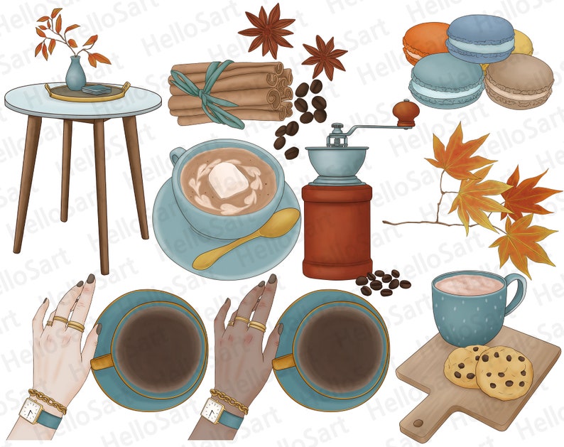 May include: A still life image featuring a variety of autumnal and coffee-themed items.  The image includes a wooden table with a brown and white ceramic vase with a single branch of fall leaves, a blue and white coffee cup with a marshmallow, a blue and white coffee cup with a brown liquid, a blue and white coffee cup with a brown liquid, a brown coffee grinder, a wooden cutting board with two chocolate chip cookies, a blue and white coffee cup with a brown liquid, and a bundle of cinnamon sticks tied with a blue ribbon.