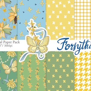 Könnte beinhalten: Digitales Papierpaket mit 8 floralen und geometrischen Mustern in Gelb, Grün, Blau und Weiß. Die Muster umfassen einen Schmetterling, Blumen, Gingham und Hahnentritt. Der Text "Forsythia" ist in blauer Kursivschrift geschrieben.