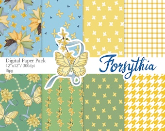 Forsythia Paper Flower Pattern Floral Pattern Planner Sticker Digital Paper scrapbook seamless patterns Hand Drawn Background Image